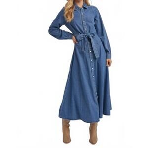 NEW BLUIVY denim button down belted shirt a-line maxi dress in medium blue